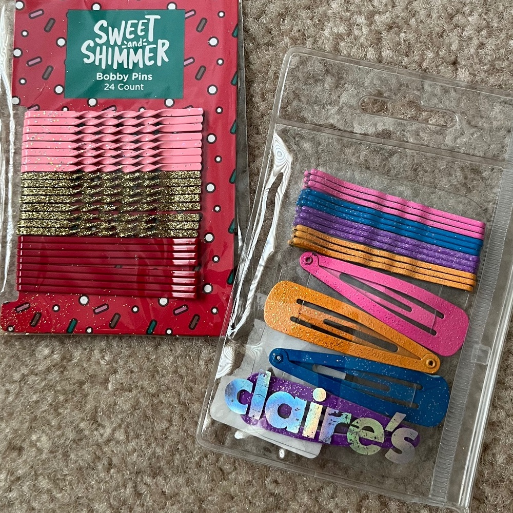 Bright, glittery hair barrettes and Bobby Pins, Claire’s & Ulta